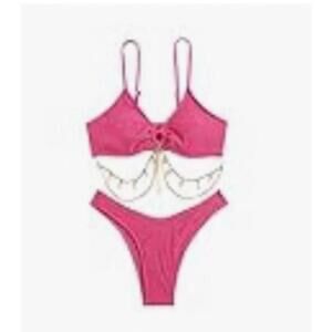Pink Textured Bikini Hi Cut Set With Dangling Body Chain Boho Gold Large
